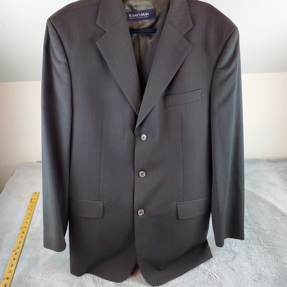 Today's Man Wool Suit Jacket & Vest Mens 42L Pinstripe 3-Button Made England Blk